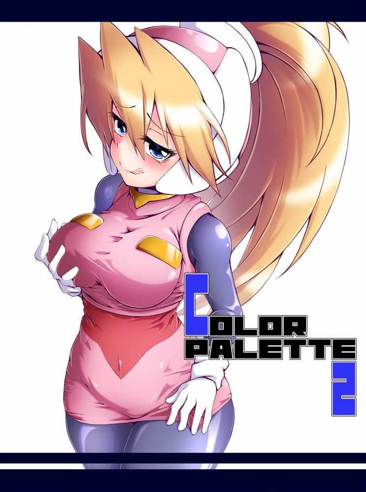 1girl bangs black_border blonde_hair blue_eyes blush bodystocking bodysuit border breast_lift breasts capcom ciel_(rockman) cover cover_page covered_navel cowboy_shot doujin_cover english eyebrows_visible_through_hair gloves hair_between_eyes hand_on_hip hand_on_own_breast headgear high_ponytail inti_creates large_breasts long_hair miniskirt pantyhose pink_skirt ponytail rockman rockman_zero self_fondle semikichi skin_tight skirt smile solo text_focus tongue tongue_out white_background white_gloves