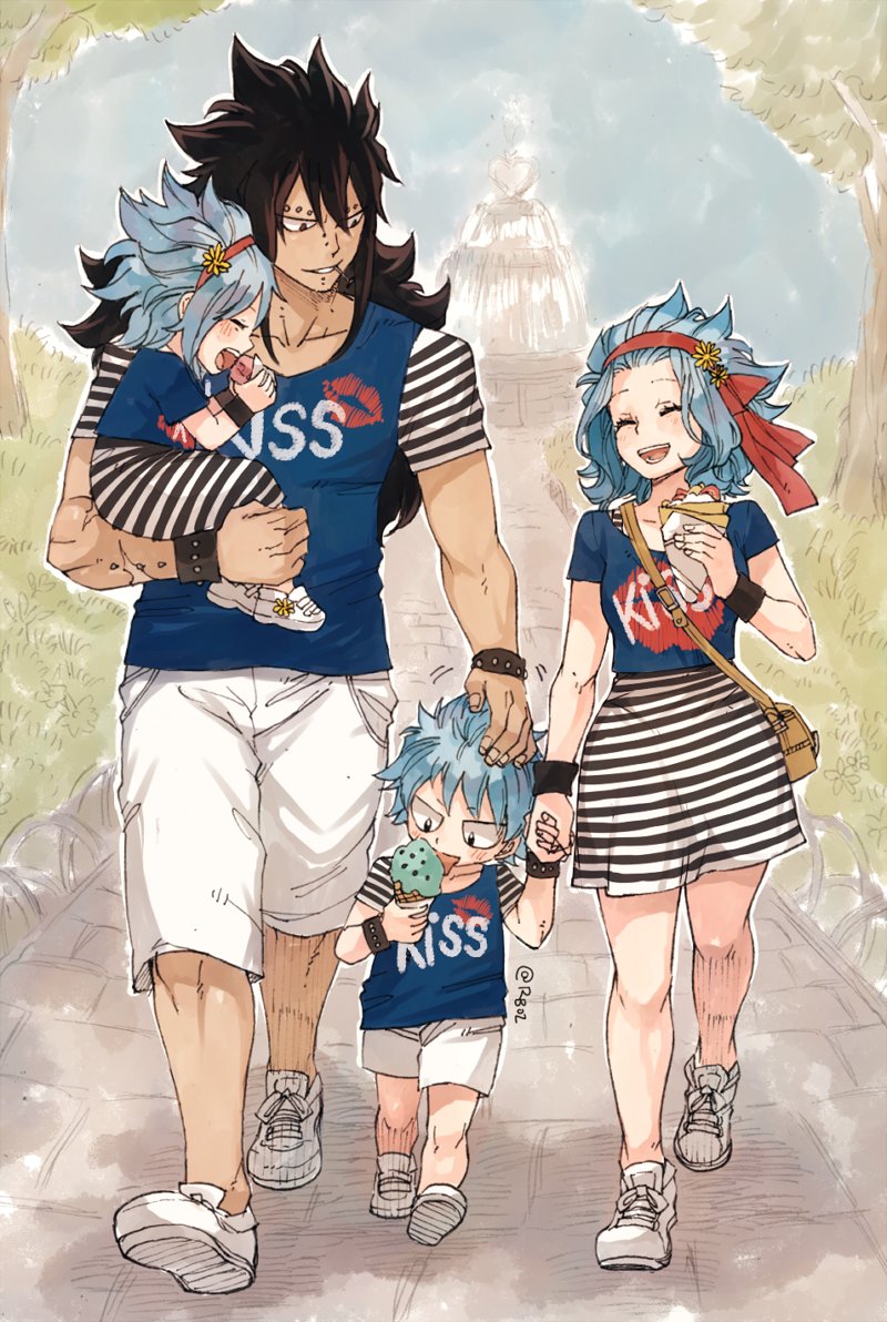 2boys 2girls black_hair blue_hair blue_shirt blue_sky closed closed_eyes day eyes fairy_tail flower food gajeel_redfox grin hair_flower hair_ornament hand_holding hand_on_another's_head headband holding holding_food holding_person ice_cream levy_mcgarden long_hair miniskirt multiple_boys multiple_girls nose_piercing open_mouth outdoors piercing rusky shirt shoes short_sleeves shorts skirt sky smile sneakers striped striped_skirt tongue tongue_out tree white_footwear white_shorts wristband yellow_flower