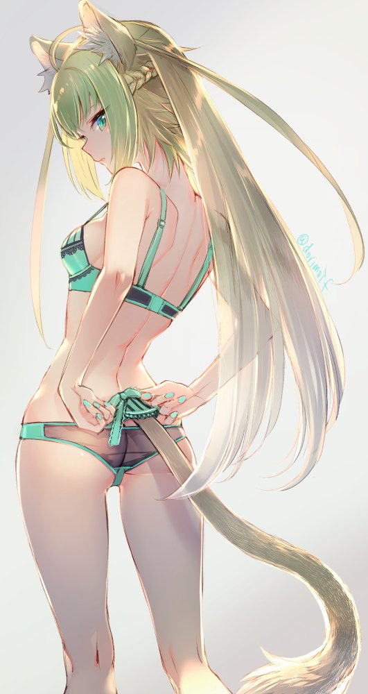 1girl ahoge animal_ears ass atalanta_(fate) blonde_hair bra braid breasts butt_crack commentary_request fate/apocrypha fate_(series) from_behind gradient gradient_background green_bra green_eyes green_hair green_panties long_hair looking_back miyuki_ruria multicolored_hair nail_polish panties parted_lips ribbon see-through side_braid sideboob simple_background small_breasts solo strap_gap tail tail_ribbon twitter_username two-tone_hair two_side_up underwear underwear_only