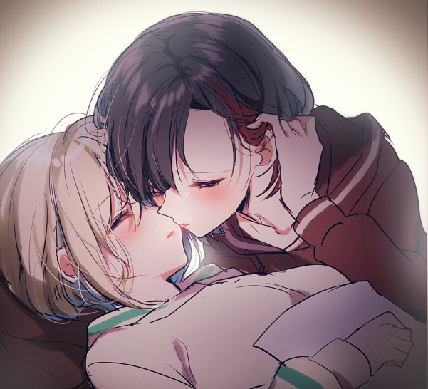 2girls ^_^ aoba_moka bang_dream! bangs blush closed_eyes grey_hair grey_hoodie hair_tucking hood hood_down imminent_kiss long_sleeves lying mitake_ran mizukikushou multicolored_hair multiple_girls on_back paper parted_lips red_hoodie short_hair sketch sleeping streaked_hair yuri