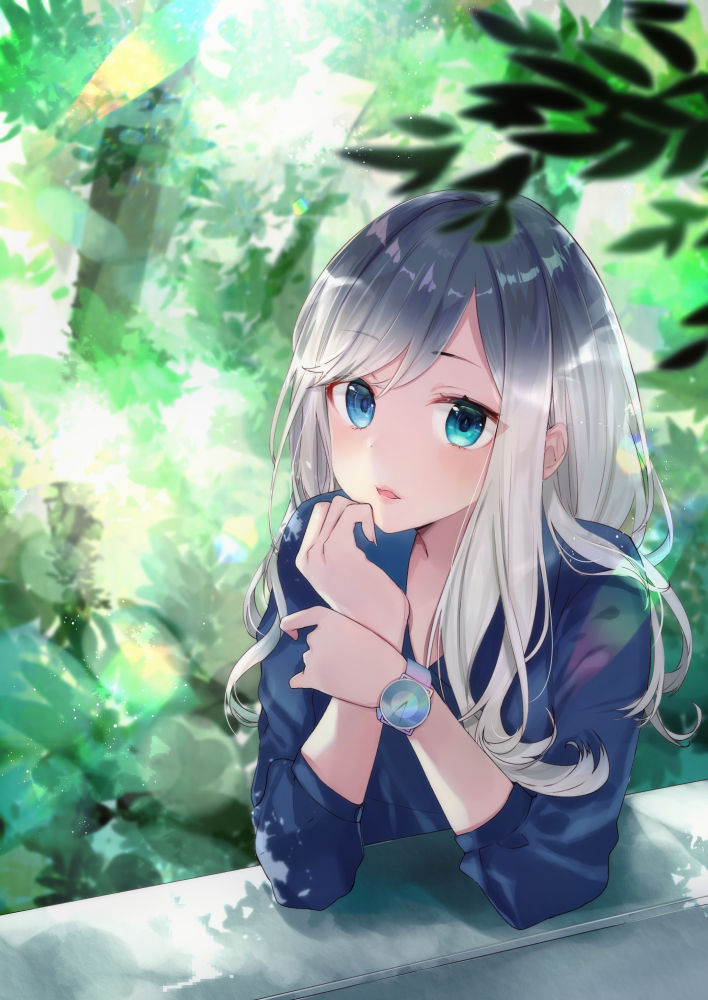 1girl aqua_eyes blue_eyes blue_shirt blush commentary_request elbow_rest eyebrows_visible_through_hair hands_up heterochromia lens_flare long_hair long_sleeves looking_at_viewer natsuki_(ukiwakudasai) nature original parted_lips plant shadow shirt silver_hair single_sidelock solo tree upper_body watch watch