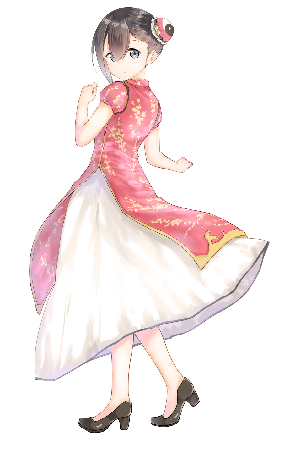 1girl black_footwear brown_hair bun_cover china_dress chinese_clothes commentary_request contrapposto double_bun dress full_body hand_up high_heels highres looking_at_viewer original puffy_short_sleeves puffy_sleeves red_dress short_sleeves simple_background smile solo standing suzunari_shizuku violet_eyes white_background yuki_arare