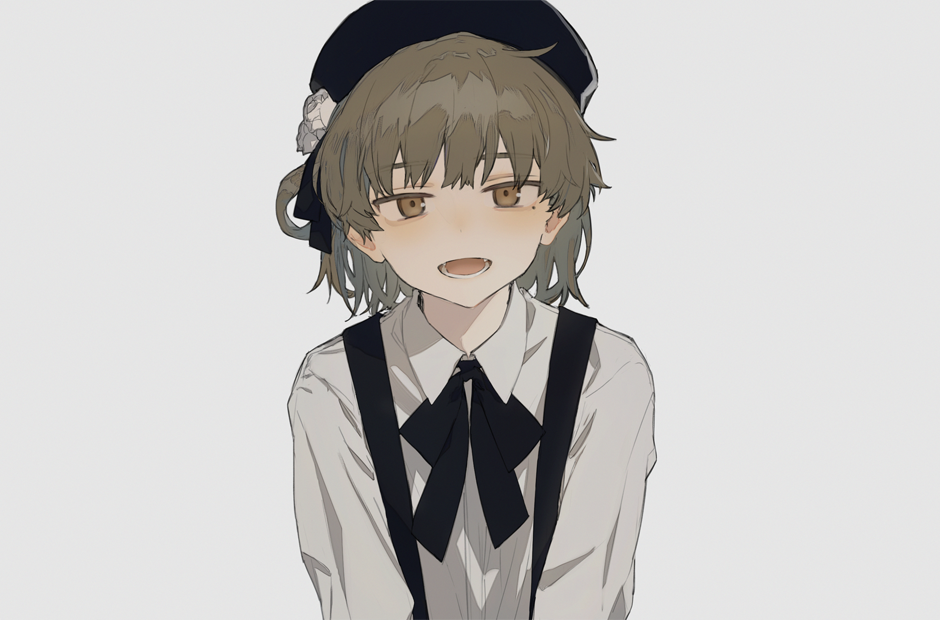 1girl :d ahoge bangs beret black_bow black_hat black_ribbon blunt_bangs blush bow brown_eyes brown_hair collared_shirt flower grey_background hair_rings hat hat_flower hatoba_tsugu hatoba_tsugu_(character) hirota_tsuu long_sleeves looking_at_viewer mole mole_under_eye open_mouth ribbon rose shirt short_hair simple_background smile solo suspenders upper_body virtual_youtuber white_flower white_rose white_shirt