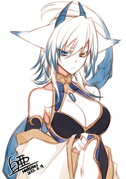 1girl animal_ears belly blue_eyes breasts bridal_gauntlets choker cleavage dated detached_sleeves dragon_tail fox_ears frown heterochromia horns jewelry konshin large_breasts necklace orie_hakua pixiv_fantasia pixiv_fantasia_new_world signature solo tail twitter_username white_hair yellow_eyes