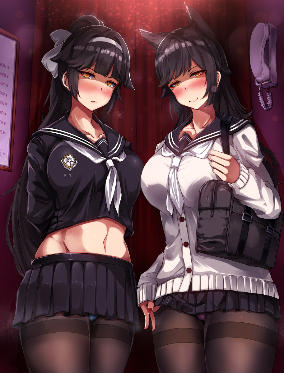 2girls alternate_costume animal_ears arms_behind_back atago_(azur_lane) azur_lane bag bangs black_hair black_legwear black_sailor_collar black_serafuku black_skirt blue_panties bow breasts cardigan closed_mouth collarbone cowboy_shot crop_top crotch_seam curtains dog_ears emblem extra_ears eyebrows_visible_through_hair hair_flaps hairband highres hot_melon indoors large_breasts lens_flare long_hair long_sleeves looking_at_viewer microskirt midriff mole mole_under_eye multiple_girls nail_polish naughty_face navel neckerchief panties panties_under_pantyhose pantyhose phone pleated_skirt ponytail purple_panties red_nails ribbon sailor_collar school_bag school_uniform serafuku skirt smile swept_bangs takao_(azur_lane) thighband_pantyhose underwear v very_long_hair white_bow white_cardigan white_hairband white_ribbon yellow_eyes