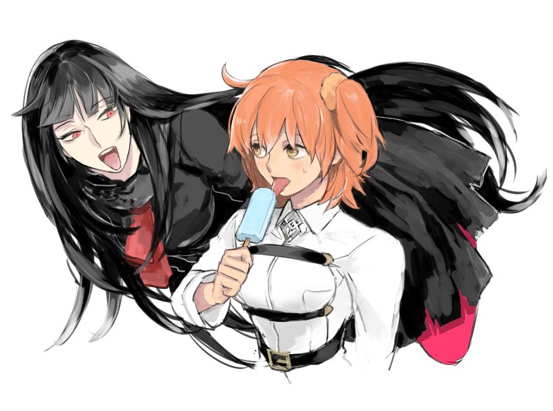 2girls black_hair dress fate/grand_order fate_(series) food fujimaru_ritsuka_(female) imanatsu licking long_hair multiple_girls open_mouth orange_hair oryuu_(fate) popsicle red_eyes school_uniform short_hair side_ponytail simple_background tongue tongue_out white_background