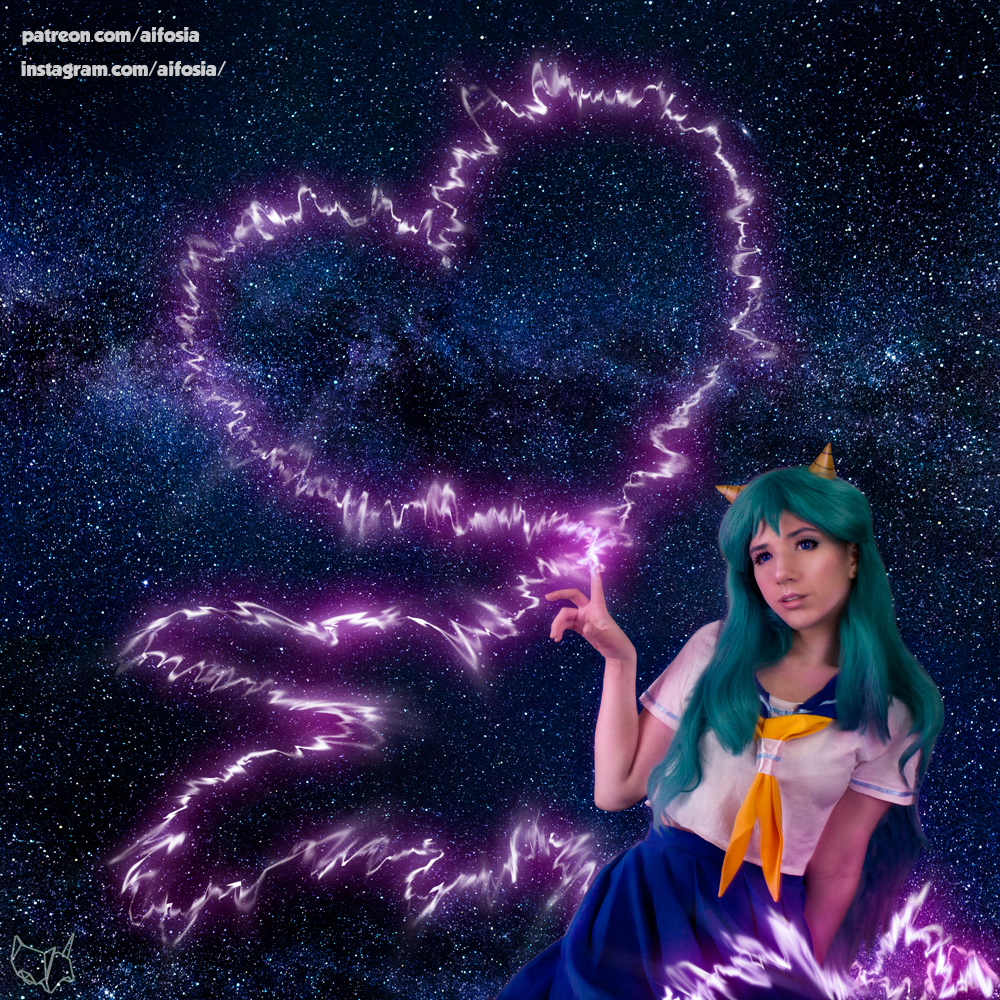 1girl 80s aqua_hair blue_eyes breasts collarbone cosplay electricity green_hair horns lips long_hair lum lum_(cosplay) medium_breasts oldschool oni pink_lips school_uniform serafuku sky solo star_(sky) starry_sky urusei_yatsura watermark web_address