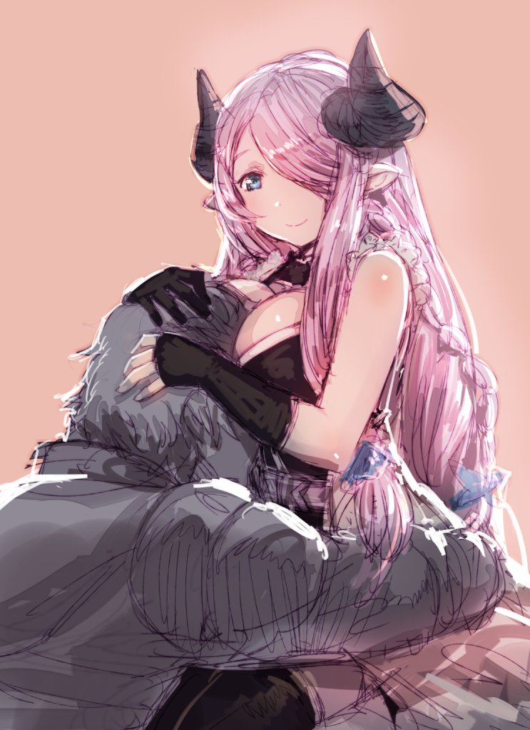 1girl asymmetrical_gloves between_breasts black_gloves black_legwear blue_eyes bow_(bhp) breasts commentary_request fingerless_gloves gloves granblue_fantasy hair_over_one_eye head_between_breasts horns hug large_breasts long_hair narmaya_(granblue_fantasy) one_eye_covered pink_background pink_hair pointy_ears simple_background single_fingerless_glove sitting smile thigh-highs