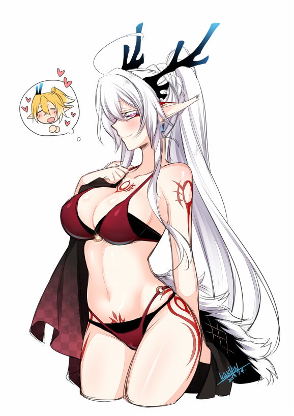 1girl 2girls antlers bare_shoulders bikini black_bra black_panties bra braid breasts chibi chibi_inset closed_mouth commentary_request cowboy_shot cropped_legs dated earrings heart jewelry konshin large_breasts long_hair multiple_girls navel original panties pelvic_curtain pointy_ears ponytail red_bikini signature smile solo solo_focus swimsuit thought_bubble underwear violet_eyes white_hair