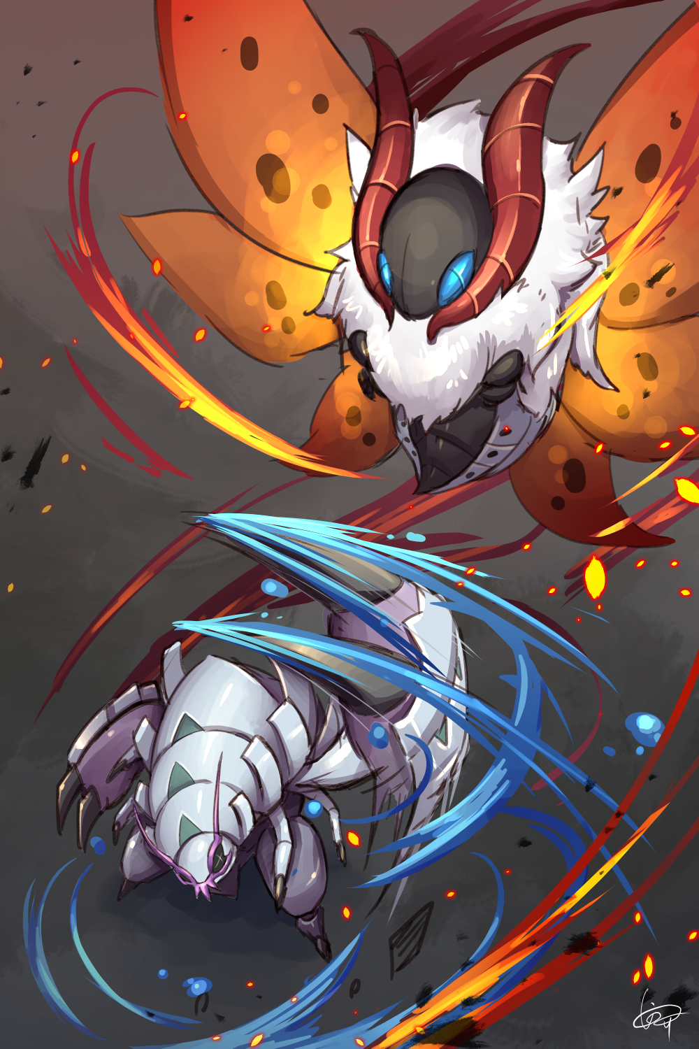 attack battle claws fire flying foreshortening from_above full_body fur gen_5_pokemon gen_7_pokemon golisopod highres horns inosuke_(monstruo) looking_at_another motion_blur no_humans pokemon pokemon_(creature) standing volcarona water wings