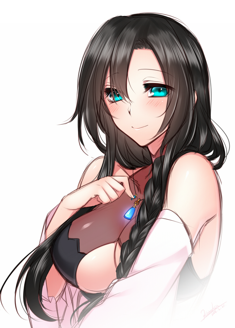 1girl bangs bare_shoulders black_hair blue_eyes blush braid breasts closed_mouth hand_up jewelry konshin long_hair long_sleeves looking_at_viewer necklace original simple_background smile solo under_boob upper_body white_background