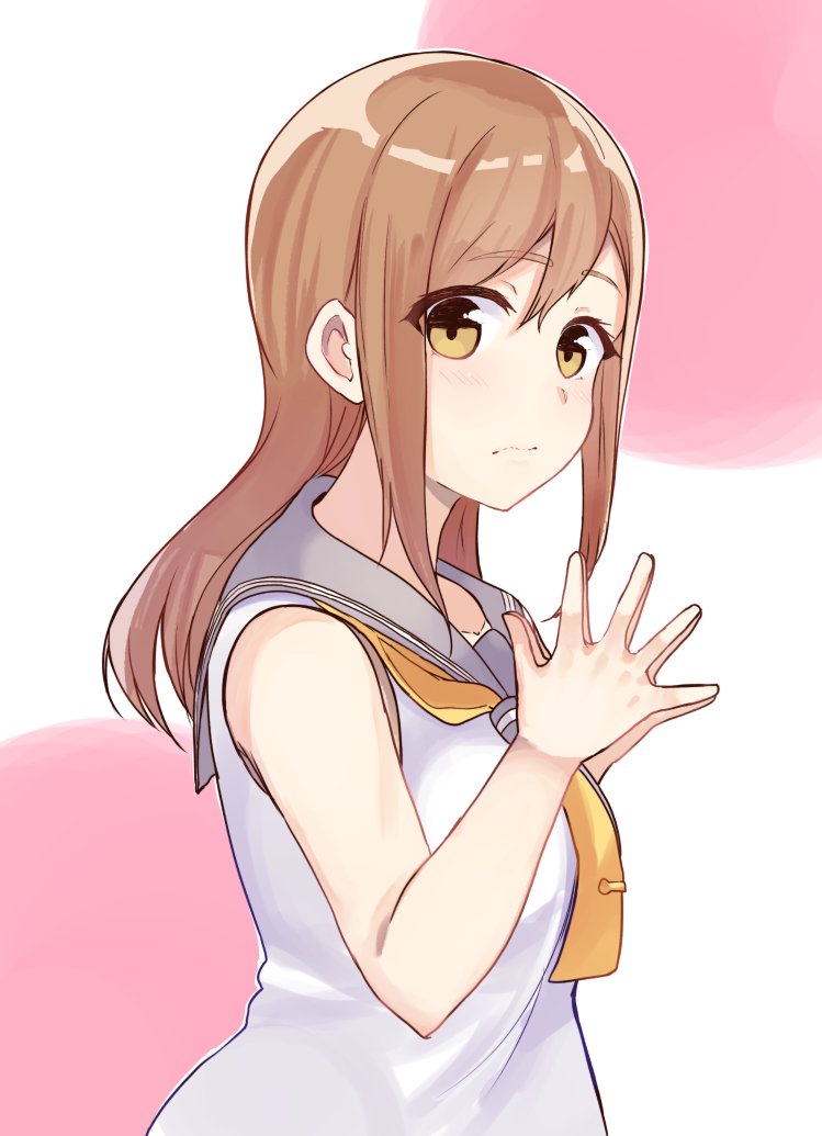 1girl bangs breasts brown_eyes brown_hair closed_mouth eyebrows_visible_through_hair hair_between_eyes hands_together kunikida_hanamaru long_hair love_live! love_live!_sunshine!! medium_breasts neckerchief riyoon school_uniform serafuku shirt simple_background sleeveless sleeveless_shirt solo upper_body white_shirt