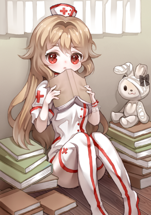 1girl bangs blonde_hair book brown_hair clean-lady commission full_body hat holding holding_book long_hair looking_at_viewer nurse nurse_cap original red_eyes sitting stuffed_animal stuffed_toy