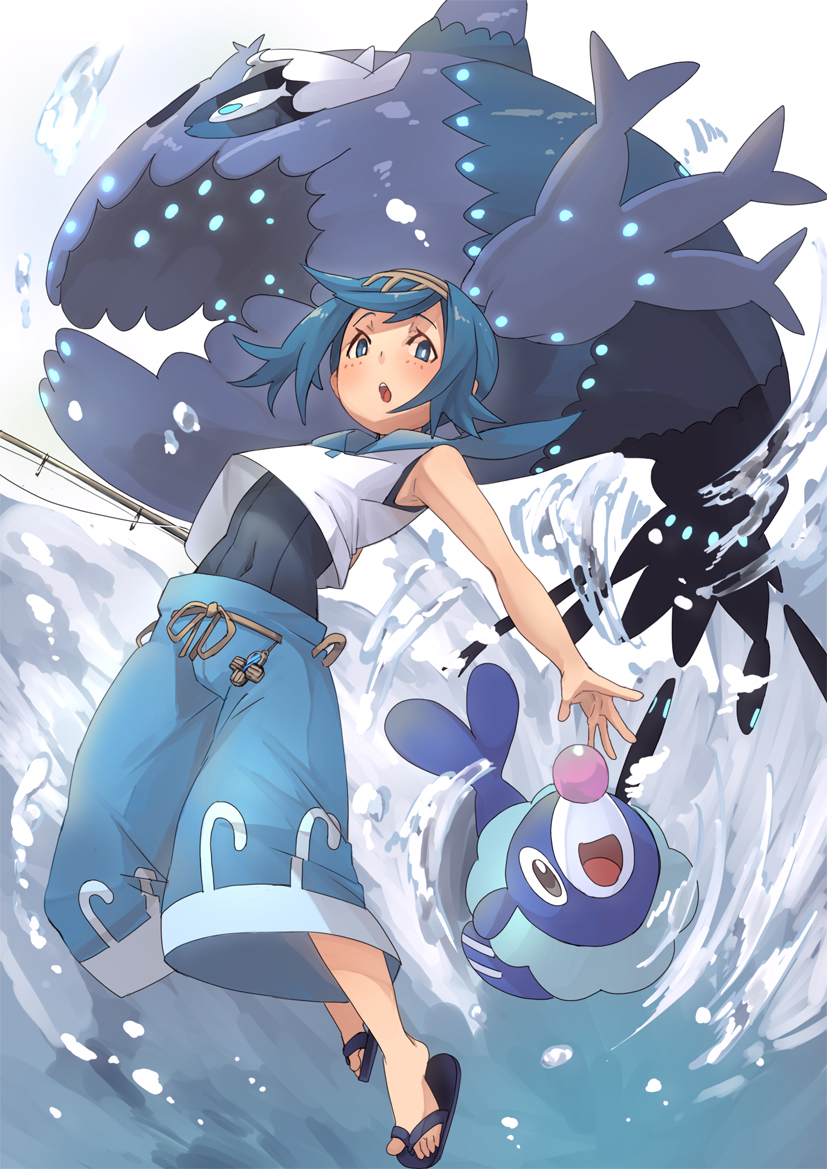 1girl blue_eyes blue_hair fishing_rod freckles fu-ta pokemon pokemon_(game) pokemon_sm popplio sandals school_swimsuit sleeveless suiren_(pokemon) swimsuit swimwear wishiwashi