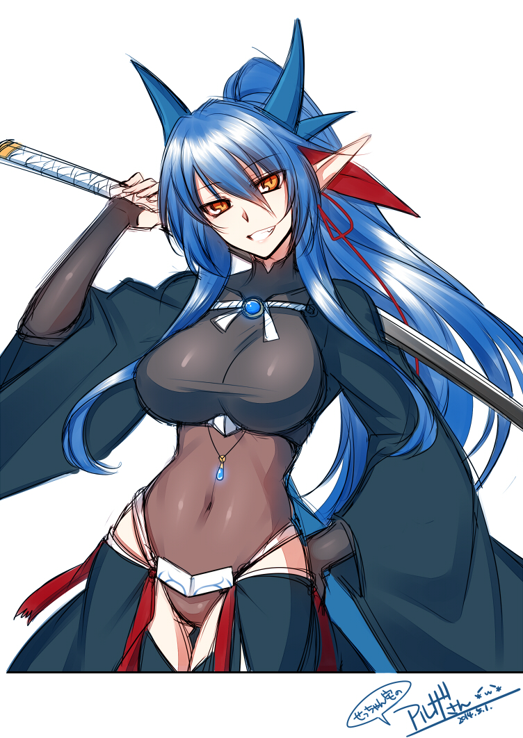 1girl :d breasts bridal_gauntlets covered_navel dated eyebrows_visible_through_hair gluteal_fold hair_between_eyes hand_on_hip head_tilt holding holding_sword holding_weapon horns konshin large_breasts long_hair long_sleeves looking_at_viewer open_mouth orange_eyes original over_shoulder panties pointy_ears ponytail signature simple_background smile solo sword thigh_gap underwear very_long_hair weapon weapon_over_shoulder white_background