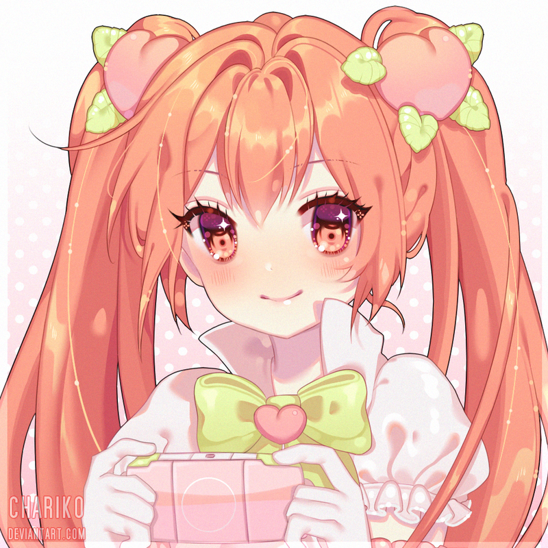 1girl bangs blush bow brown_eyes chariko commission food_themed_hair_ornament hair_ornament headshot long_hair looking_at_viewer orange_eyes orange_hair original peach_hair_ornament playing_games smile twintails upper_body