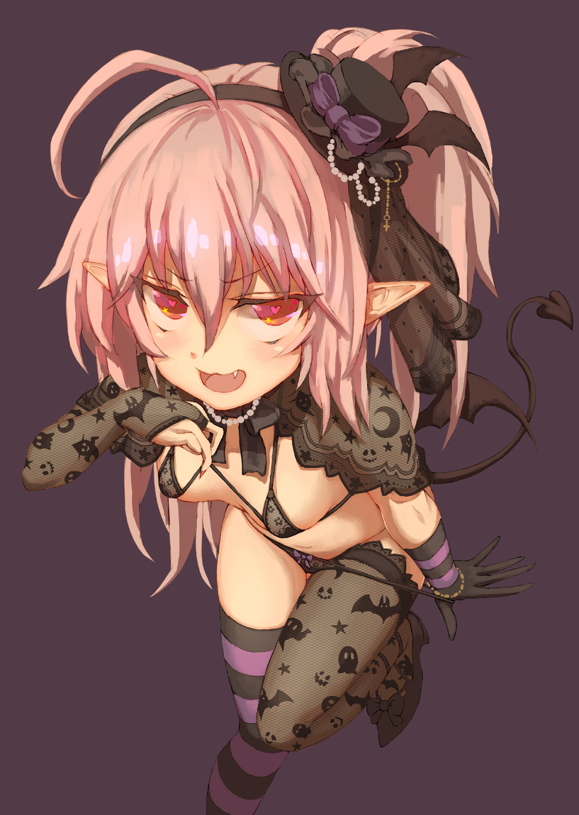 1girl :d black black_bra black_gloves black_legwear black_panties blush bra bracelet breasts demon_tail demon_wings elbow_gloves fang gloves hat heart heart-shaped_pupils high_heels jewelry looking_at_viewer mismatched_legwear navel necklace open_mouth original osabachan panties pink_hair pointy_ears purple_background red_eyes side_ponytail simple_background smile solo striped striped_gloves striped_legwear symbol-shaped_pupils tail thigh-highs underwear wings