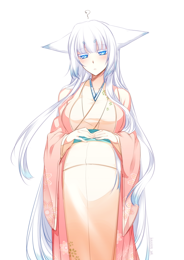 1girl ? animal_ears blue_eyes blush breasts closed_mouth commentary_request fox_ears haori japanese_clothes kimono konshin large_breasts long_hair long_sleeves looking_at_viewer original pregnant sash short_eyebrows simple_background solo standing very_long_hair white_background white_hair wide_sleeves