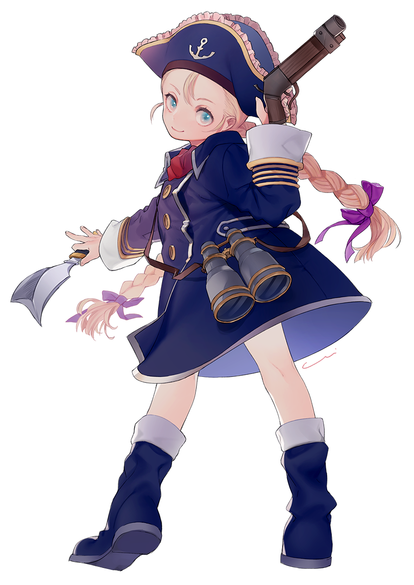 1girl anchor_symbol binoculars blonde_hair blue_eyes blue_footwear blue_hat boots braid buttons closed_mouth frilled_hat frills full_body gun hair_ribbon hat highres holding holding_gun holding_knife holding_weapon knife legs_apart long_hair long_sleeves looking_at_viewer patty_fleur pirate_hat purple_ribbon ribbon simple_background smile solo standing tales_of_(series) tales_of_vesperia trigger_discipline twin_braids weapon white_background yuni_(via_junk)
