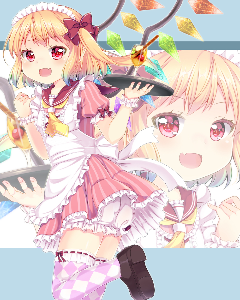 1girl alternate_costume apron argyle argyle_legwear arms_up ascot bangs black_footwear blonde_hair bloomers blue_background commentary_request cropped_legs crystal dress enmaided eyebrows_visible_through_hair eyelashes fang fingernails flandre_scarlet frilled_apron frilled_skirt frills hair_ribbon highres holding holding_tray leg_lift loafers looking_at_viewer maid maid_headdress open_mouth parfait pink_dress puffy_short_sleeves puffy_sleeves red_eyes red_ribbon ribbon sailor_collar shoes short_hair short_sleeves side_ponytail skirt solo standing standing_on_one_leg striped striped_dress swept_bangs thigh-highs tomo_takino touhou tray underwear white_background wings wrist_cuffs yellow_neckwear zoom_layer