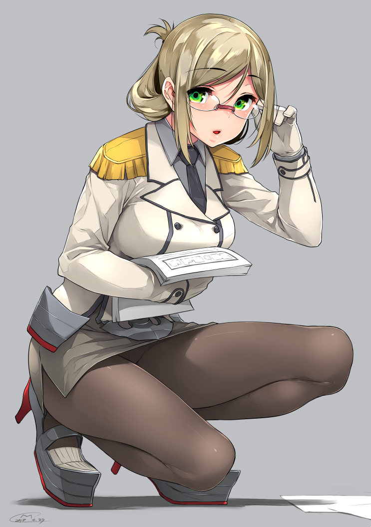1girl bespectacled black_legwear black_neckwear blonde_hair breasts chestnut_mouth commentary_request eyebrows_visible_through_hair full_body glasses green_eyes grey_background grey_shirt happa_(cloverppd) holding holding_eyewear kantai_collection long_hair looking_at_viewer pantyhose shirt short_hair solo