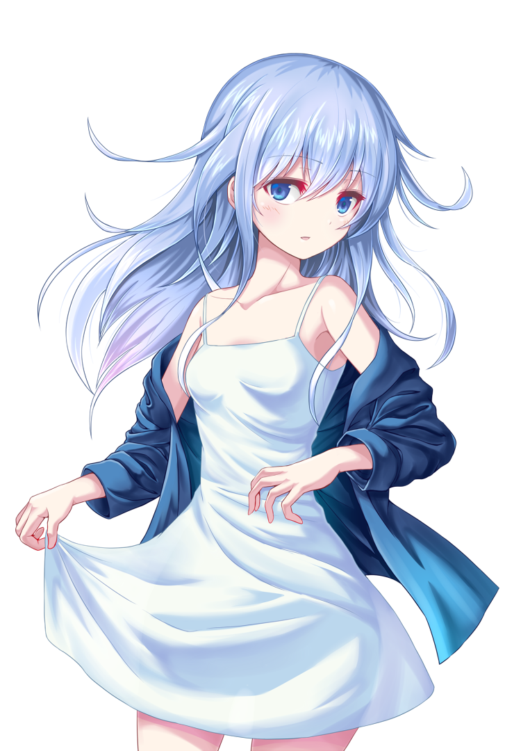 1girl blue_eyes dress dress_lift hibiki_(kantai_collection) jacket kantai_collection long_hair simple_background sleeveless sleeveless_dress solo standing white_background white_dress white_hair yatsu_seisakusho