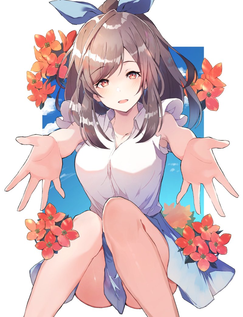 1girl armpit_peek bangs bare_legs blue blue_bow blue_skirt blush bow breasts brown_eyes brown_hair carry_me clouds collarbone collared_shirt eyebrows_visible_through_hair flower foreshortening hair_bow idolmaster idolmaster_shiny_colors large_breasts long_hair looking_at_viewer open_mouth outstretched_arms ponytail red_flower shirt simple_background sitting skirt sky sleeveless sleeveless_shirt smile solo swept_bangs tsukioka_kogane ultone_(neisiss) white_background white_shirt wide_ponytail