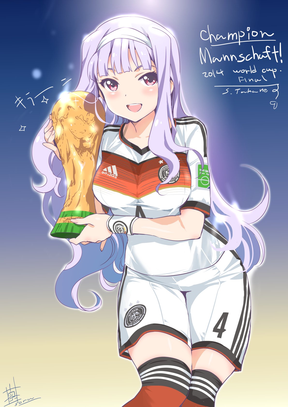 1girl 2014_fifa_world_cup adidas benedikt_howedes blush breasts dated fifa_world_cup_trophy german germany hairband highres idolmaster idolmaster_(classic) inoue_sora jersey jpeg_artifacts jules_rimet_trophy large_breasts long_hair looking_at_viewer open_mouth shijou_takane shorts signature silver_hair smile soccer soccer_uniform solo sportswear thigh-highs trophy violet_eyes world_cup
