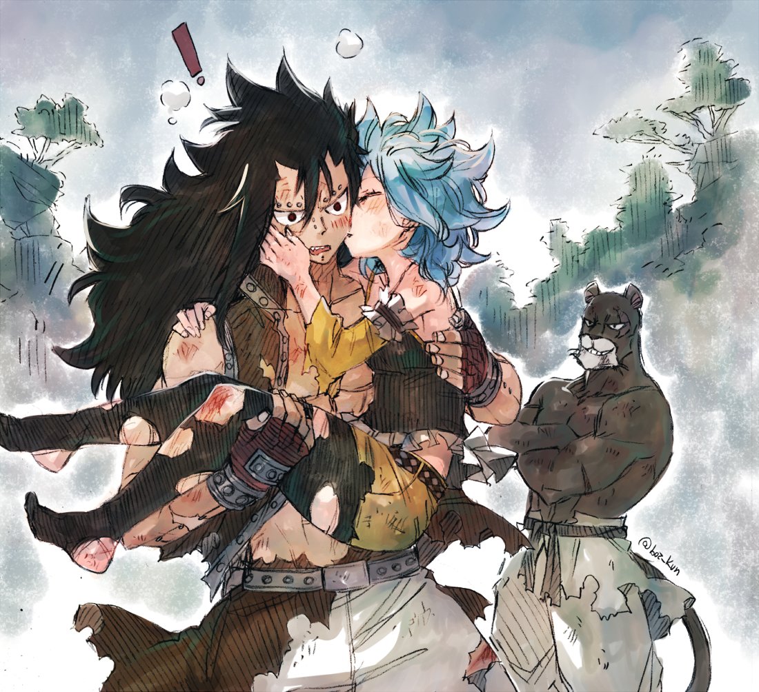 ! 1girl 2boys black_hair black_legwear black_shirt blood blush brown_eyes carrying cheek_kiss collarbone couple crossed_arms detached_sleeves fairy_tail gajeel_redfox grin hair_between_eyes hand_on_another's_shoulder kiss levy_mcgarden long_hair multiple_boys open_mouth orange_shorts pantherlily pants pantyhose princess_carry rusky shirt short_shorts shorts sketch sleeveless sleeveless_shirt smile torn_clothes torn_pantyhose torn_shorts very_long_hair white_pants