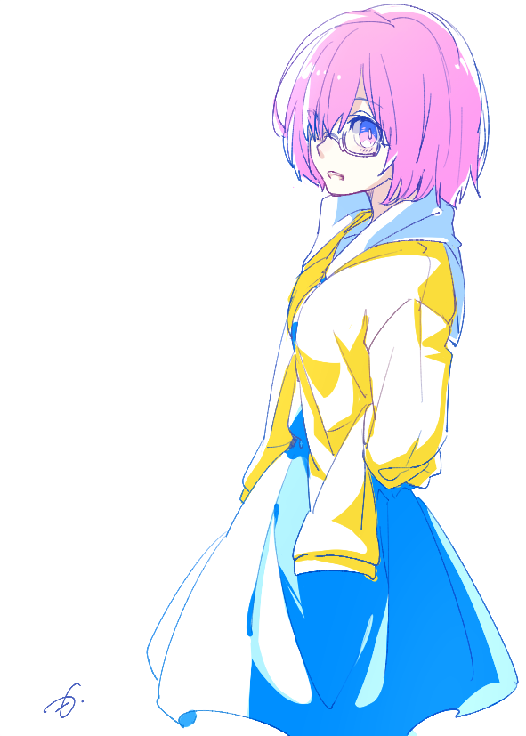 1girl blue_dress dress eyebrows_visible_through_hair fate/grand_order fate_(series) glasses hair_over_one_eye jacket long_sleeves looking_at_viewer looking_to_the_side mash_kyrielight motu0505 open_clothes open_jacket open_mouth purple_hair semi-rimless_eyewear short_hair signature simple_background solo teeth under-rim_eyewear violet_eyes white-framed_eyewear white_background yellow_jacket