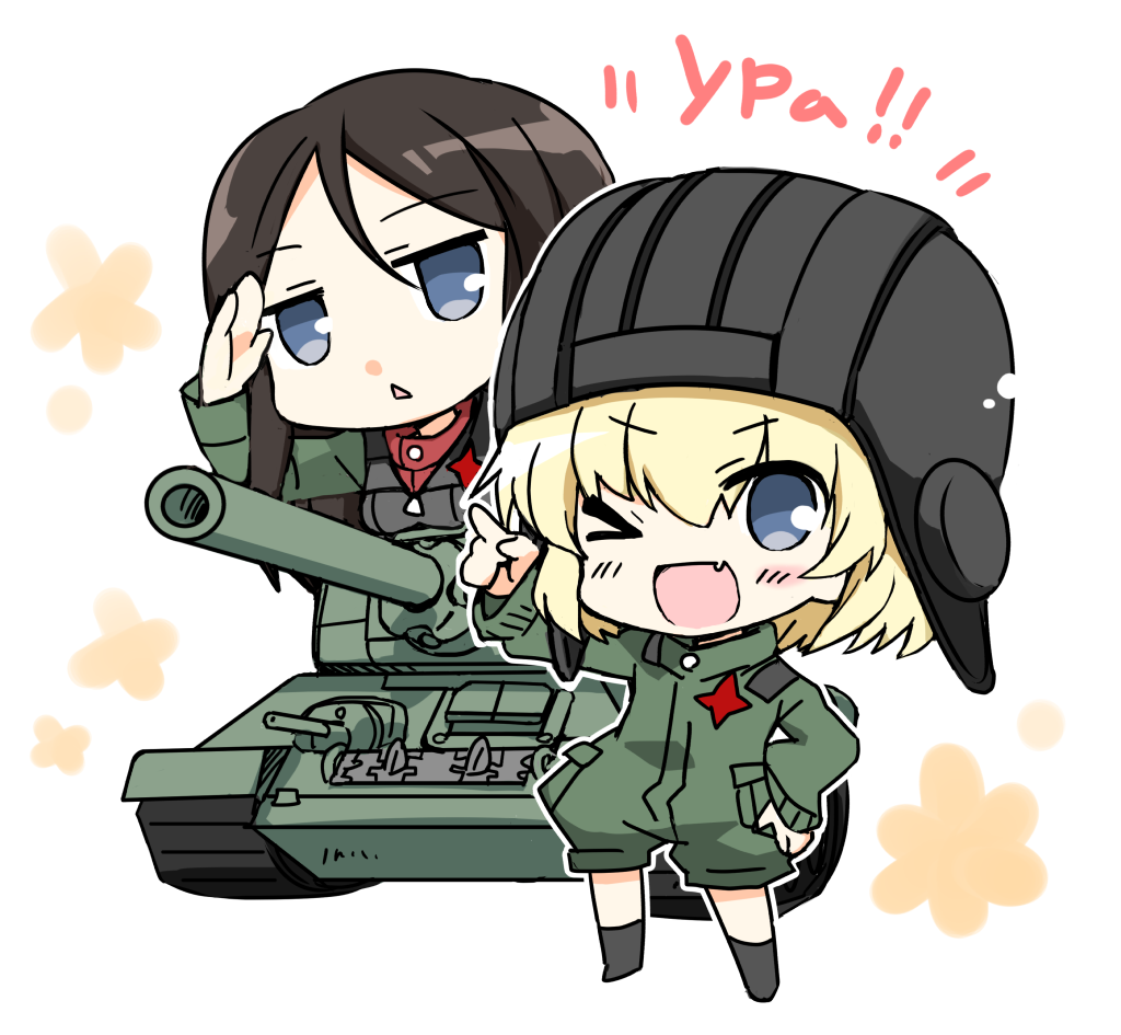 2girls black_hair blonde_hair blue_eyes chibi girls_und_panzer ground_vehicle hizuki_yayoi katyusha long_hair military military_vehicle motor_vehicle multiple_girls nonna one_eye_closed pravda_military_uniform short_hair smile t-34 tank translated