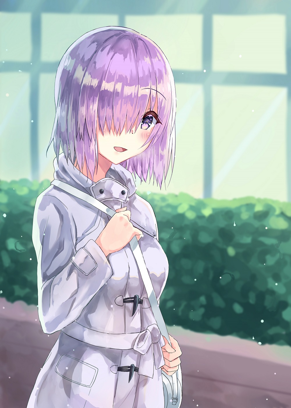 1girl :d akaya_(pixiv20545353) bag bangs blunt_bangs blush day eyebrows_visible_through_hair fate/grand_order fate_(series) grey_coat hair_over_one_eye handbag highres looking_at_viewer mash_kyrielight open_mouth outdoors purple_hair short_hair smile solo standing violet_eyes