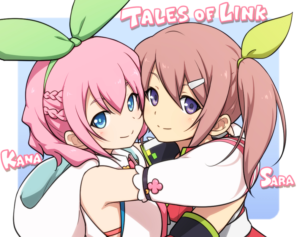 2girls bangs bare_shoulders blue_eyes braid brown_hair character_name closed_mouth copyright_name detached_sleeves green_hairband green_ribbon hair_between_eyes hair_ornament hairband hairclip hug kana_(tales) kiikii_(kitsukedokoro) long_sleeves looking_at_viewer medium_hair multiple_girls pink_hair ribbon sara_(tales) short_hair side_ponytail smile tales_of_(series) tales_of_link upper_body violet_eyes