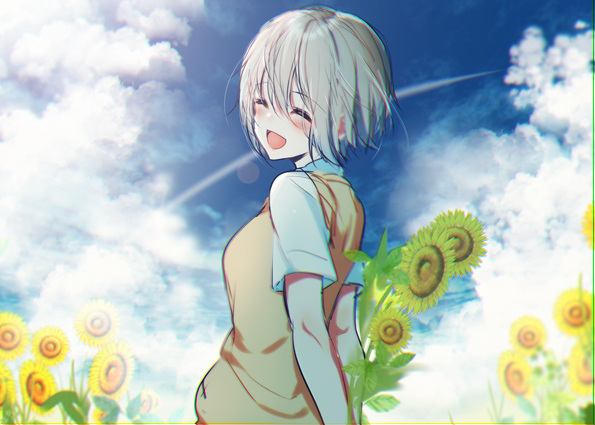 1girl :d ^_^ aoba_moka arms_behind_back bang_dream! bangs blush closed_eyes clouds cloudy_sky condensation_trail day flower grey_hair holding holding_flower lens_flare mizukikushou open_mouth outdoors short_sleeves sky smile solo sunflower sweater_vest upper_body