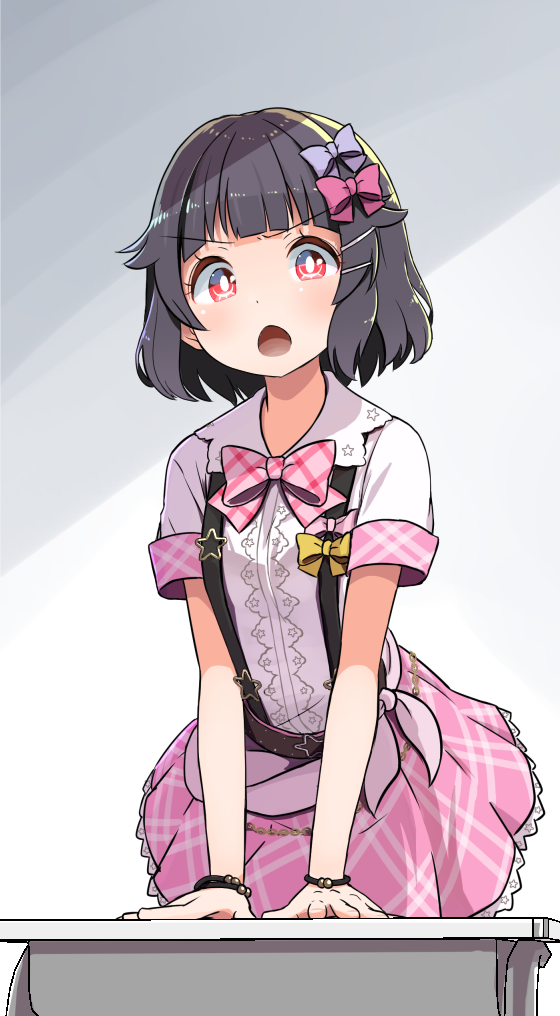 1girl :o bang_dream! bangs belt black_hair bow bowtie bracelet desk hair_bow hair_ornament hairpin jewelry looking_at_viewer pink_bow pink_neckwear pink_skirt plaid_neckwear purple_bow red_eyes school_desk shipii_(jigglypuff) shirt short_hair short_sleeves skirt solo star suspenders textless tied_shirt ushigome_rimi v-shaped_eyebrows white_shirt yellow_bow