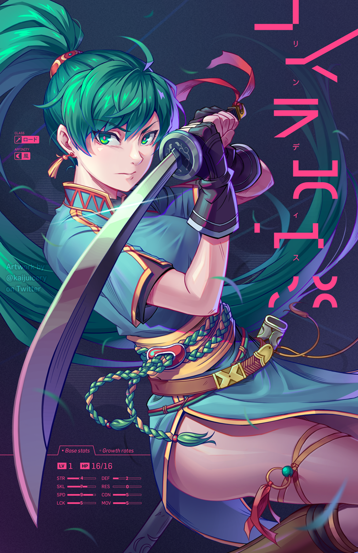 1girl closed_mouth commentary earrings eyebrows_visible_through_hair fingerless_gloves fire_emblem fire_emblem:_rekka_no_ken gloves green_eyes green_hair high_ponytail holding holding_sword holding_weapon jewelry kaijuicery long_hair looking_at_viewer lyndis_(fire_emblem) pelvic_curtain pointing pointing_at_viewer ponytail sash sheath side_slit stats sword thighs weapon