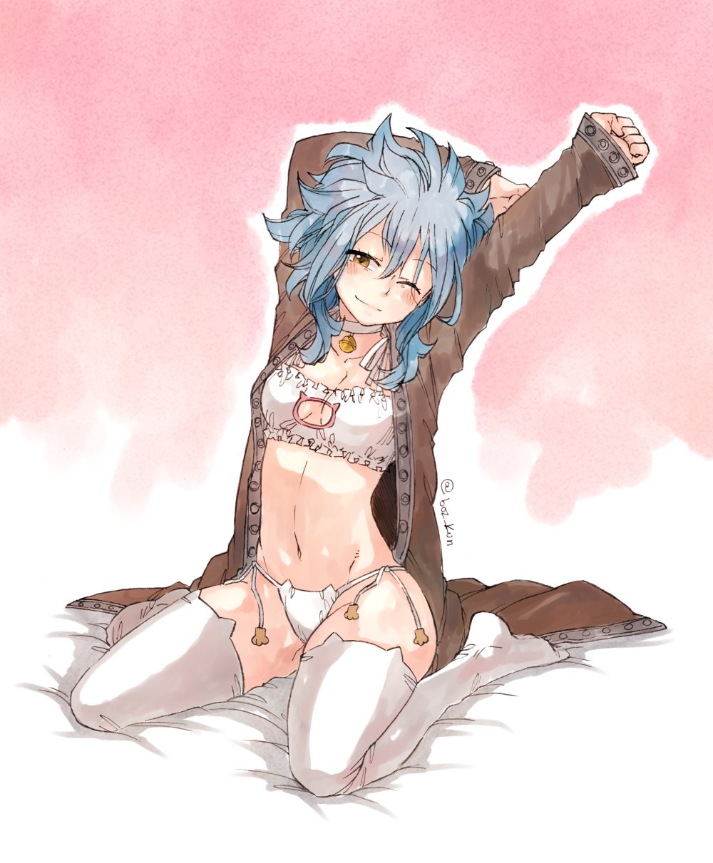 1girl arms_up bed_sheet blue_hair borrowed_garments bra breasts cat_lingerie cleavage cleavage_cutout fairy_tail full_body groin highres kneeling levy_mcgarden long_hair meme_attire navel panties rusky side-tie_panties sitting sketch small_breasts solo stretch thigh-highs underwear underwear_only white_bra white_legwear white_panties