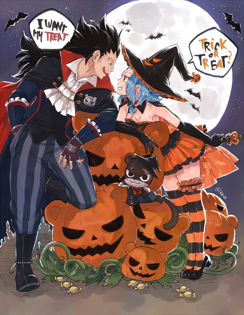 1boy 1girl bat black_footwear black_gloves black_hair black_hat blue_hair blush breasts choker cleavage elbow_gloves eye_contact fairy_tail fingerless_gloves full_moon gajeel_redfox gloves grin halloween halloween_costume hand_in_pocket hat holding holding_wand leaning_forward levy_mcgarden long_hair looking_at_another miniskirt moon orange_skirt pantherlily pants pleated_skirt pumpkin rusky sketch skirt small_breasts smile standing striped striped_legwear thigh-highs tongue tongue_out trick_or_treat vampire_costume vertical_stripes very_long_hair wand white_neckwear witch_hat