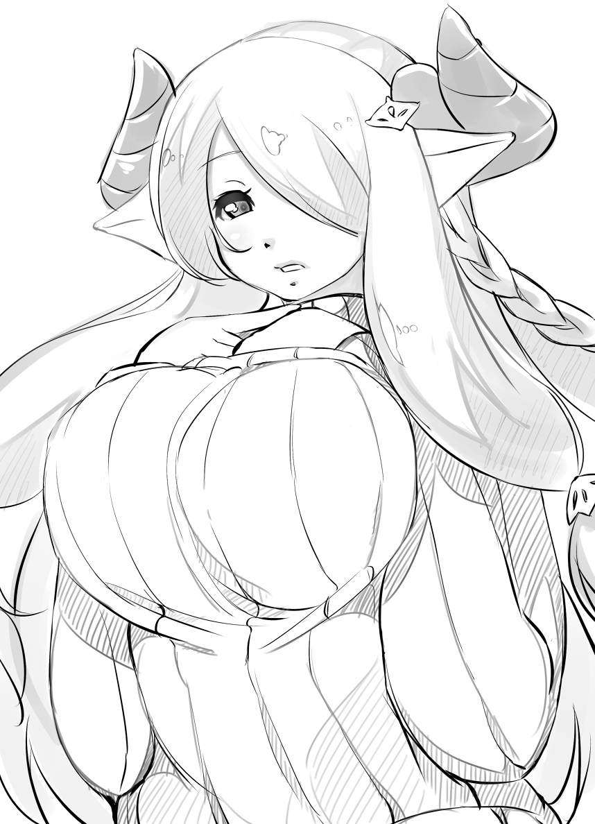 1girl breasts granblue_fantasy greyscale hair_ornament hair_over_one_eye hands_up horns huge_breasts long_sleeves looking_at_viewer monochrome narmaya_(granblue_fantasy) one_eye_covered pointy_ears ribbed_sweater shiki_(psychedelic_g2) simple_background solo sweater upper_body white_background