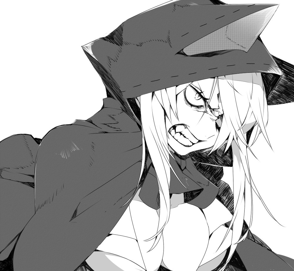 1girl angry animal_hood ara_taro breasts cape cleavage clenched_teeth close-up face fang greyscale hair_over_one_eye hood monochrome original ribbon slit_pupils solo teeth