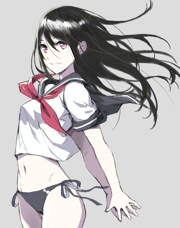 1girl arms_behind_back black_hair black_panties black_sailor_collar closed_mouth commentary_request cowboy_shot crop_top floating_hair grey_background grey_sailor_collar long_hair navel neckerchief original panties red_neckwear sailor_collar school_uniform serafuku short_sleeves side-tie_panties simple_background smile solo tonee underwear