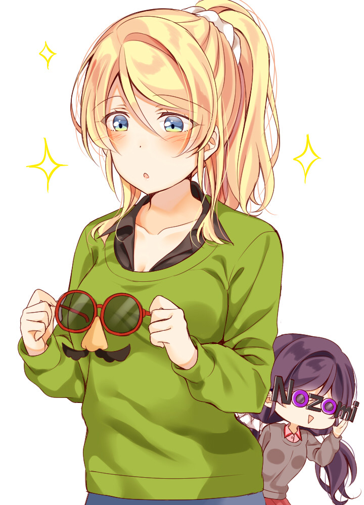 2girls :o adjusting_eyewear ayase_eli blonde_hair blue_eyes blush breasts cleavage collarbone collared_shirt eyebrows_visible_through_hair eyewear_removed fancy_glasses funny_glasses glasses green_eyes grey_shirt hair_between_eyes holding_eyewear long_sleeves love_live! love_live!_school_idol_project mogu_(au1127) multiple_girls ponytail purple_hair shirt sidelocks simple_background sparkle sweatshirt toujou_nozomi twintails upper_body white_background white_scrunchie