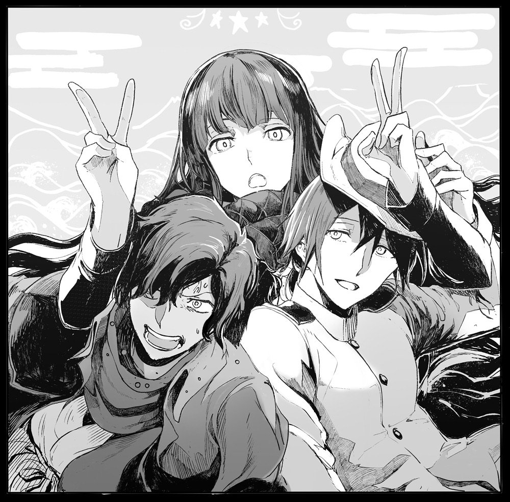 1girl 2boys anger_vein bangs buttons commentary_request double_v fate/grand_order fate_(series) greyscale hair_between_eyes hair_over_one_eye hat koha-ace long_hair long_sleeves looking_at_viewer monochrome multiple_boys okada_izou_(fate) open_mouth oryuu_(fate) sakamoto_ryouma_(fate) star sweat syatey upper_body v