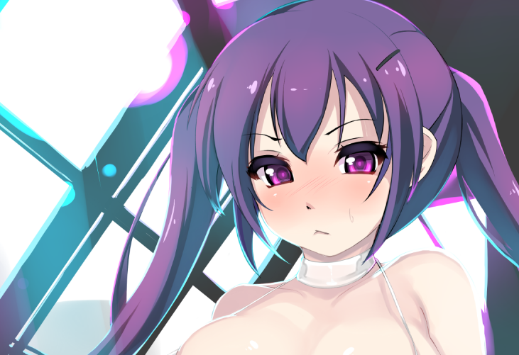 1girl :&lt; bare_shoulders bikini blush breasts choker commentary_request embarrassed gochuumon_wa_usagi_desu_ka? indoors large_breasts looking_at_viewer purple_hair rei_no_pool shiki_(psychedelic_g2) solo sweatdrop swimsuit tedeza_rize twintails upper_body violet_eyes white_bikini white_choker