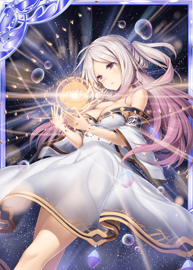 1girl akkijin black_background breasts brown_eyes bubble card_(medium) dress medium_breasts official_art orb orbit orbital_ring pink_hair shinkai_no_valkyrie star stone universe white_dress