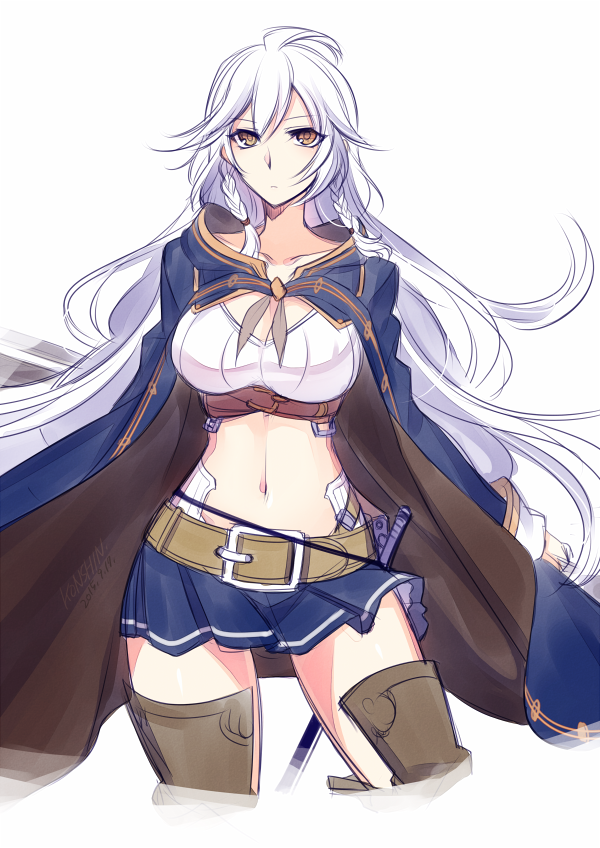 1girl belt blue_cape blue_skirt boots braid breasts brown_eyes cape cleavage commentary_request contrapposto cowboy_shot konshin large_breasts long_hair looking_at_viewer miniskirt navel original pleated_skirt simple_background skirt solo thigh-highs thigh_boots white_background white_hair zettai_ryouiki