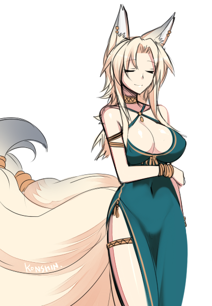 1girl animal_ears bare_shoulders blonde_hair blue_dress bracelet breasts cleavage closed_eyes collar commentary_request covered_navel dress fox_ears fox_tail jewelry konshin large_breasts legband multiple_tails original side_slit simple_background sleeveless sleeveless_dress smile solo tail white_background