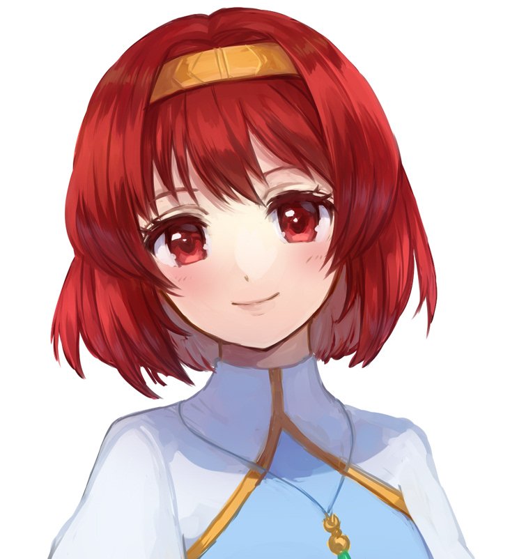 1girl blush bob_cut dress fire_emblem fire_emblem:_mystery_of_the_emblem fire_emblem:_shin_ankoku_ryuu_to_hikari_no_tsurugi fire_emblem_heroes hairband jurge looking_at_viewer maria_(fire_emblem) red_eyes redhead short_hair simple_background smile solo white_background white_dress