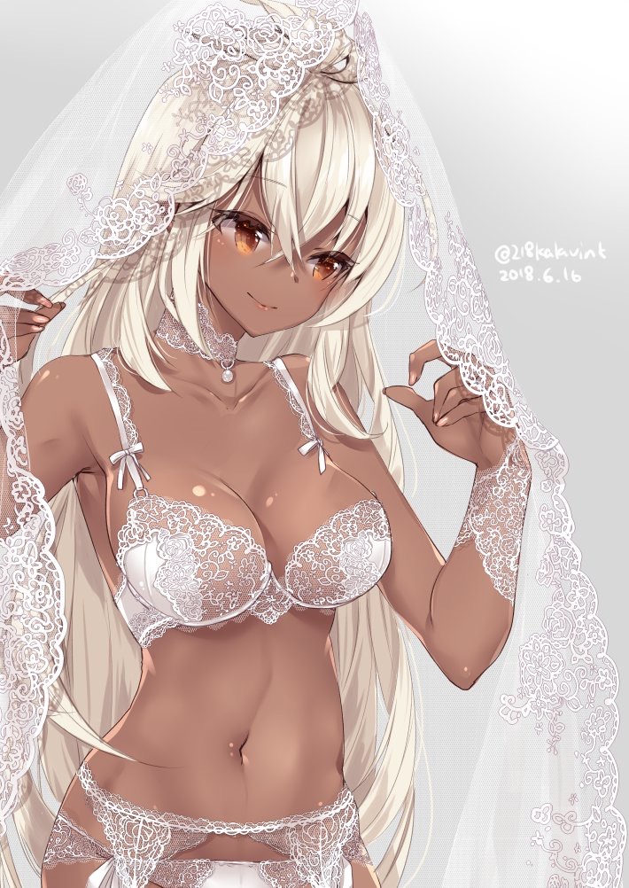 1girl 218 bare_shoulders bra breasts bridal_veil brown_hair choker cleavage collarbone cowboy_shot dark_skin dated garter_belt granblue_fantasy lace lace_bra lace_panties lips long_hair looking_to_the_side midriff nail_polish navel panties underwear underwear_only veil veil_lift white_hair yellow_eyes zooey_(granblue_fantasy)