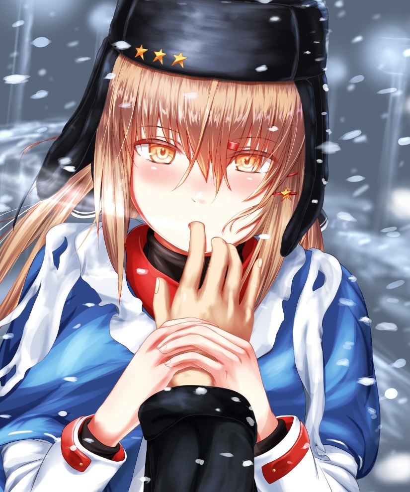 1girl blue_shawl blush brown_hair eyebrows_visible_through_hair finger_in_mouth fur_hat hair_between_eyes hair_ornament hairclip hat jacket kantai_collection long_hair looking_at_viewer papakha red_eyes red_shirt sabakuomoto scarf shawl shirt snow snowing star tashkent_(kantai_collection) torn_scarf twintails ushanka white_jacket white_scarf wings winter winter_clothes